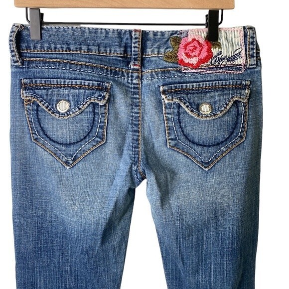 Blue Tattoo Low Rise Bootcut Distressed Jeans Big Stitch Embroidered Rose Logo - Picture 8 of 16